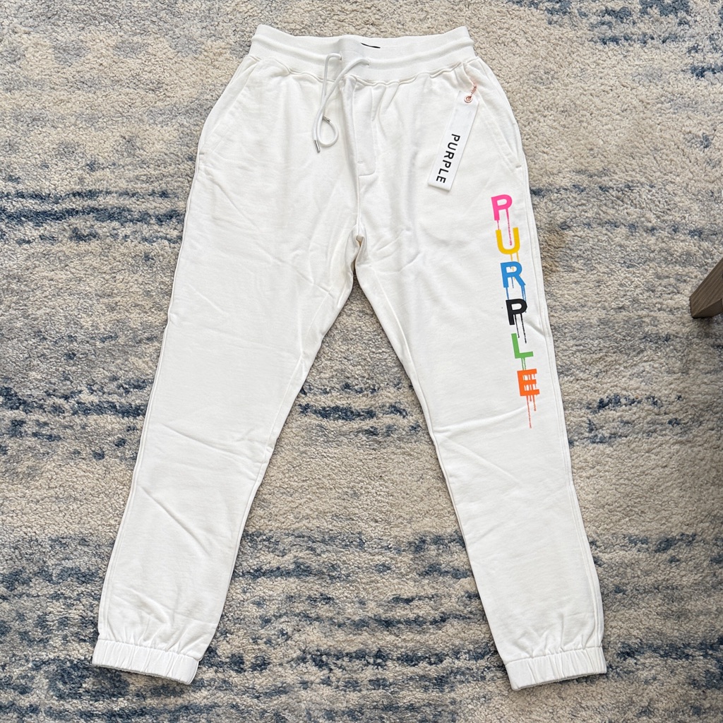 Purple Men's White Joggers With Multicolor Logo